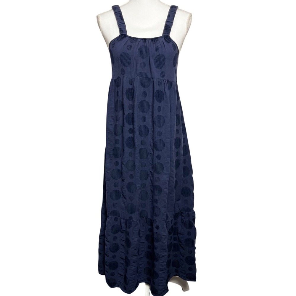 Moon River Navy Blue Textured‎ Polka Dot Tiered Maxi Dress Open Back Womens  M